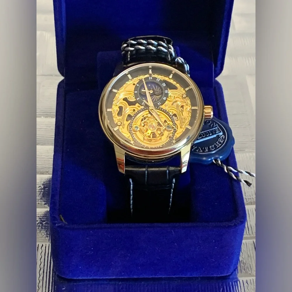 T-Winner Mens Stainless Steel Hollow Skeleton Self-Winding Mechanical Wristwatch